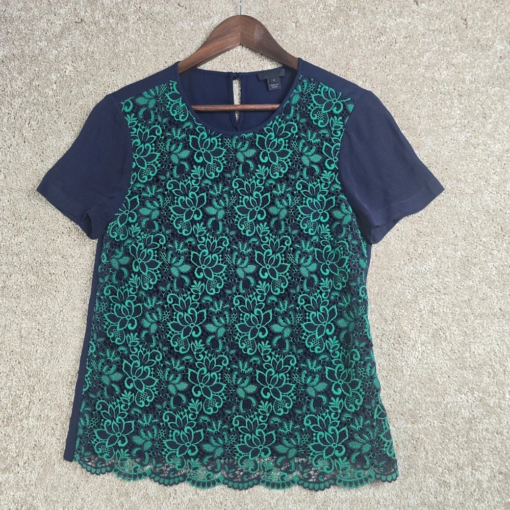 J. Crew Collection Navy Green Floral Lace Silk Sleeve Blouse Top 04232 Size 4
